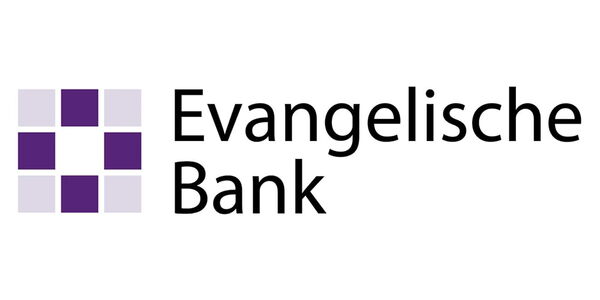 Logo der Evangelischen Bank mit lila Kachelkreuz und schwarzem Schriftzug