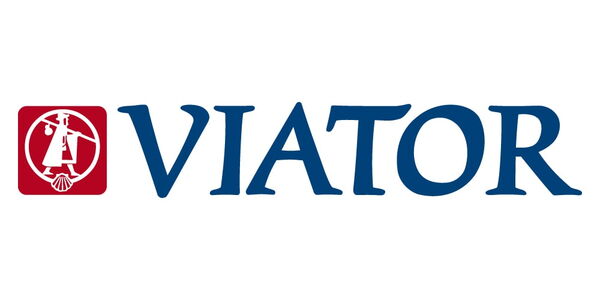 Logo von Viator mit Pilgerfigur im roten Kreis und blauem Schriftzug
