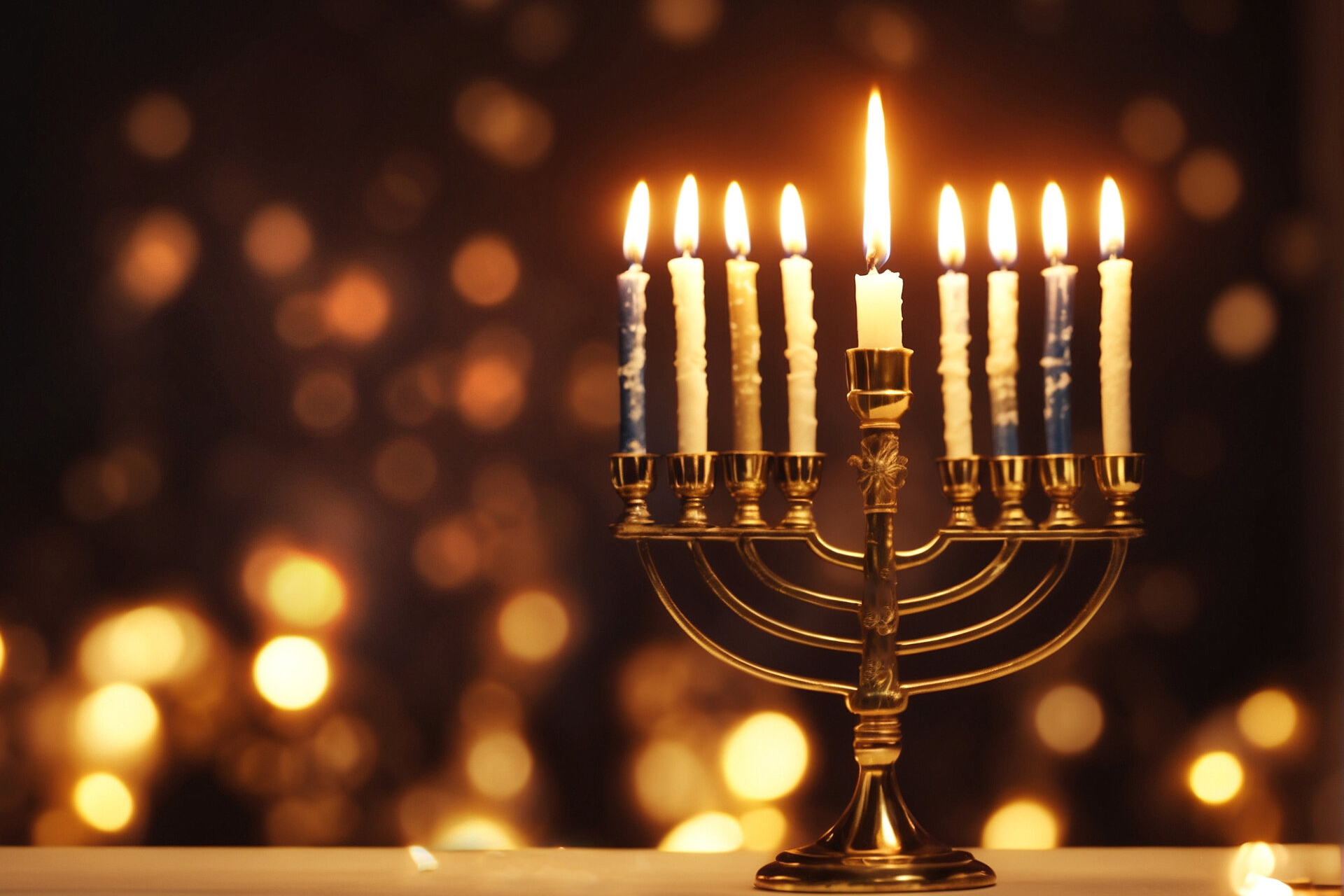 Neunarmiger Chanukka-Leuchter mit brennenden Kerzen