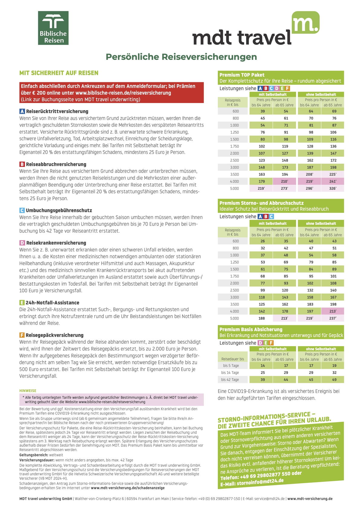 Übersicht zu Reiseversicherungen und Tarifen von Biblische Reisen mit mdt travel