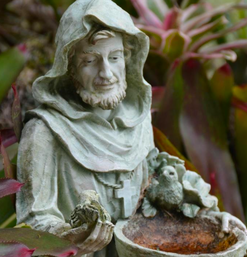 Detailaufnahme einer Franziskusfigur mit Vögeln und Wolf vor grünem Blätterhintergrund