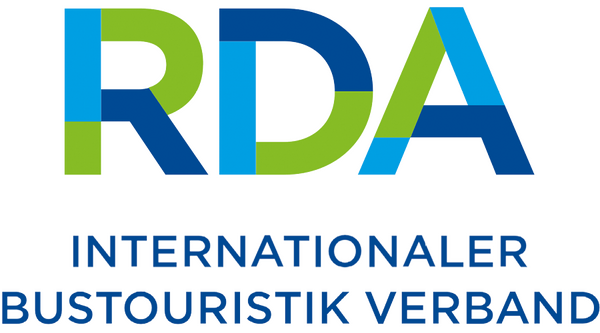 Logo des RDA Internationaler Bustouristik Verband in Blau und Grün auf Schwarz