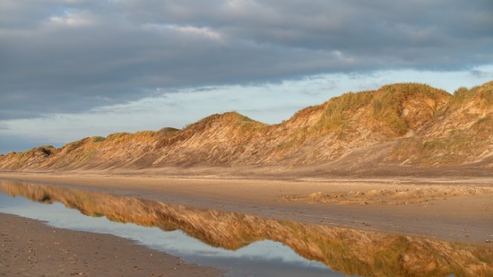 Sanddünen spiegeln sich im flachen Wasser unter bewölktem Himmel