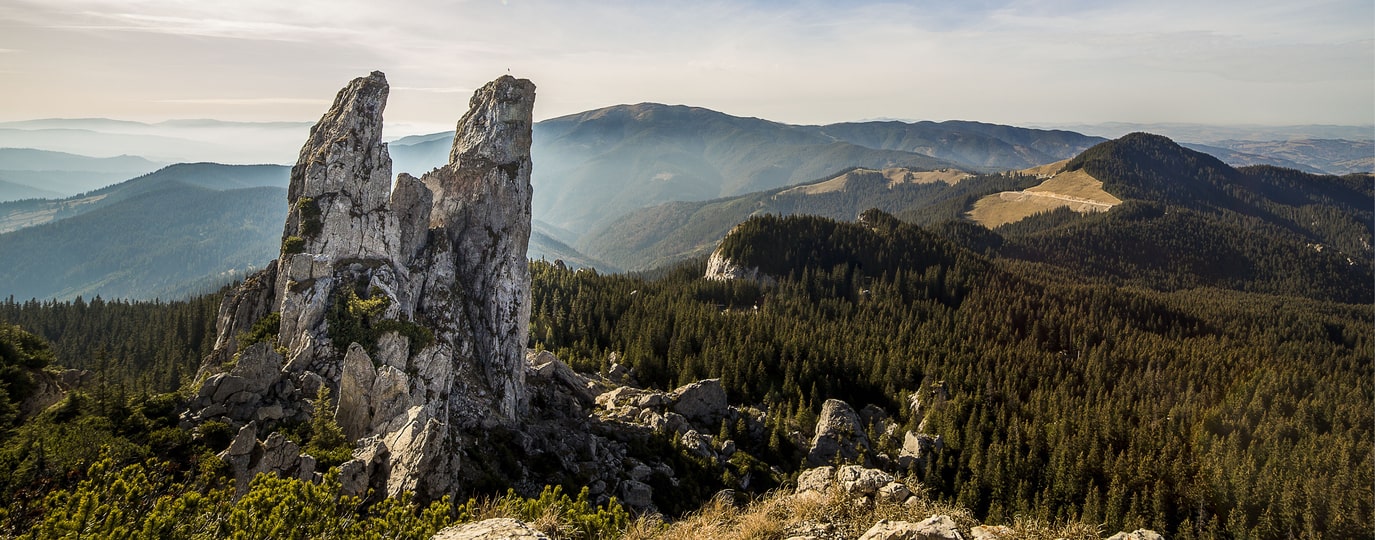 Bizarrer Felszahn ragt über bewaldete Hügel im Nationalpark Ceahlău in Rumänien